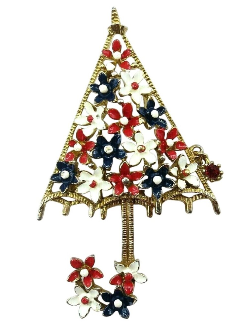 Lisner Umbrella Brooch, Rhinestone Dangle Red White Blue Enamel Flowers Pin, A16